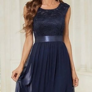 Classic round neck, V back bodice navy blue dress